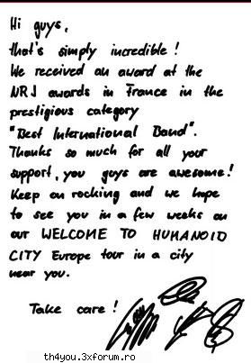 mai jos gasiti o scrisoare prin care membrii tokio hotel multumesc fanilor pentru premiul castigat
